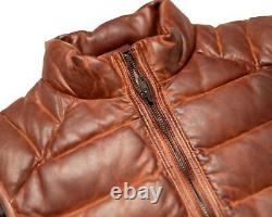 Leather Puffer Vest for Men Real Lambskin Leather Quilted Distressed Tan Color