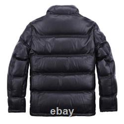 Men's Black Puffer Coat Lambskin Leather Quilted Winter Warm Thick Down Jacket