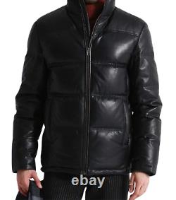 Men's Black Puffer Coat Lambskin Leather Quilted Winter Warm Thick Down Jacket