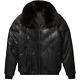 Men's Black Leather Puffer Jacket Quilted Winter Lambskin Jacket With Fur Collar
