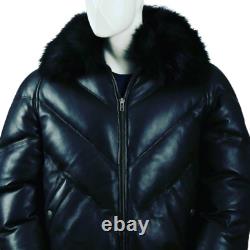 Men's Black leather Puffer jacket Quilted Winter Lambskin jacket with Fur Collar