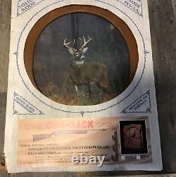 New Old Stock Vintage Solid Wood Gun Rack With Deer Picture Made in USA Hunting