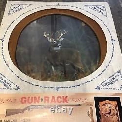 New Old Stock Vintage Solid Wood Gun Rack With Deer Picture Made in USA Hunting