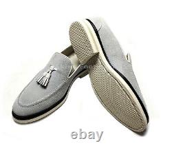 Chaussures décontractées en daim gris clair, cousues Goodyear Welt, à enfiler avec des glands et sur mesure