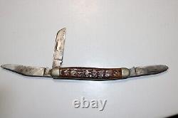 Couteau de poche standard à trois lames en os de cerf Vintage Wards, fabriqué aux États-Unis #432.