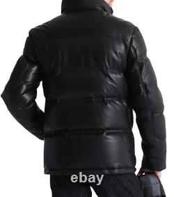 Manteau d'hiver noir matelassé en cuir d'agneau pour homme