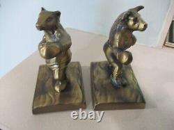 Sculpture rare de serre-livres de boxe de taureau et d'ours en bronze vintage fabriqué aux États-Unis